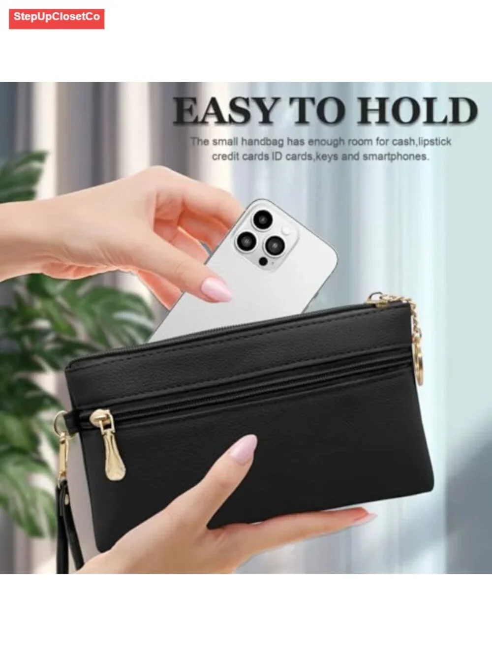 Large Capacity PU Leather Wristlet Wallet Clutch with Card Slots and Keychain